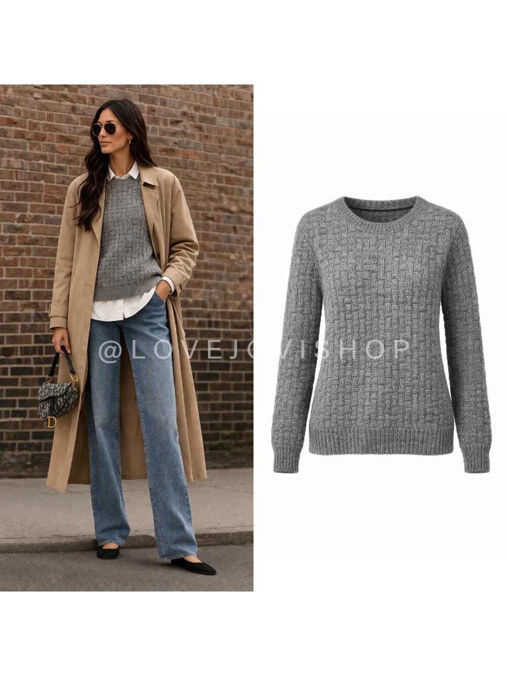 Minimalist | Grey Cotton Blend Sweater Basketweave Crew Neck | Grayson & Dunn L